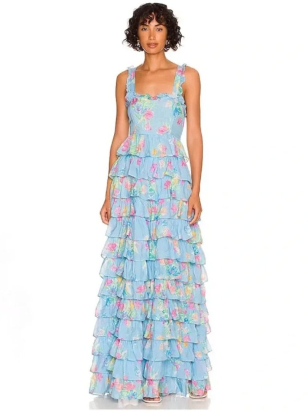 LoveShackFancy Idra Tiered Floral-print Voile Maxi Dress 8 Color "Sky Lullaby"